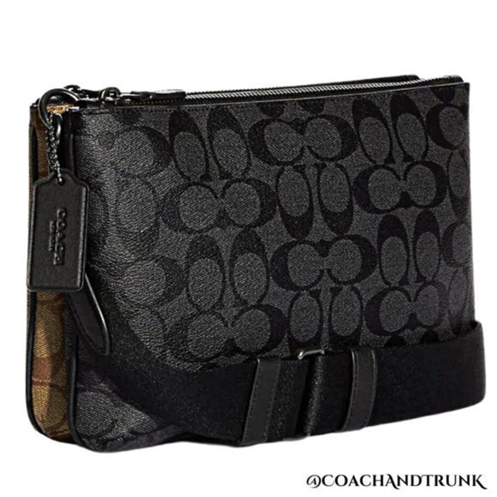 COACH 2PC Everett Crossbody Dbl Sided Charcoal Khaki / Khaki Red & Card Case NWT - Picture 7 of 16